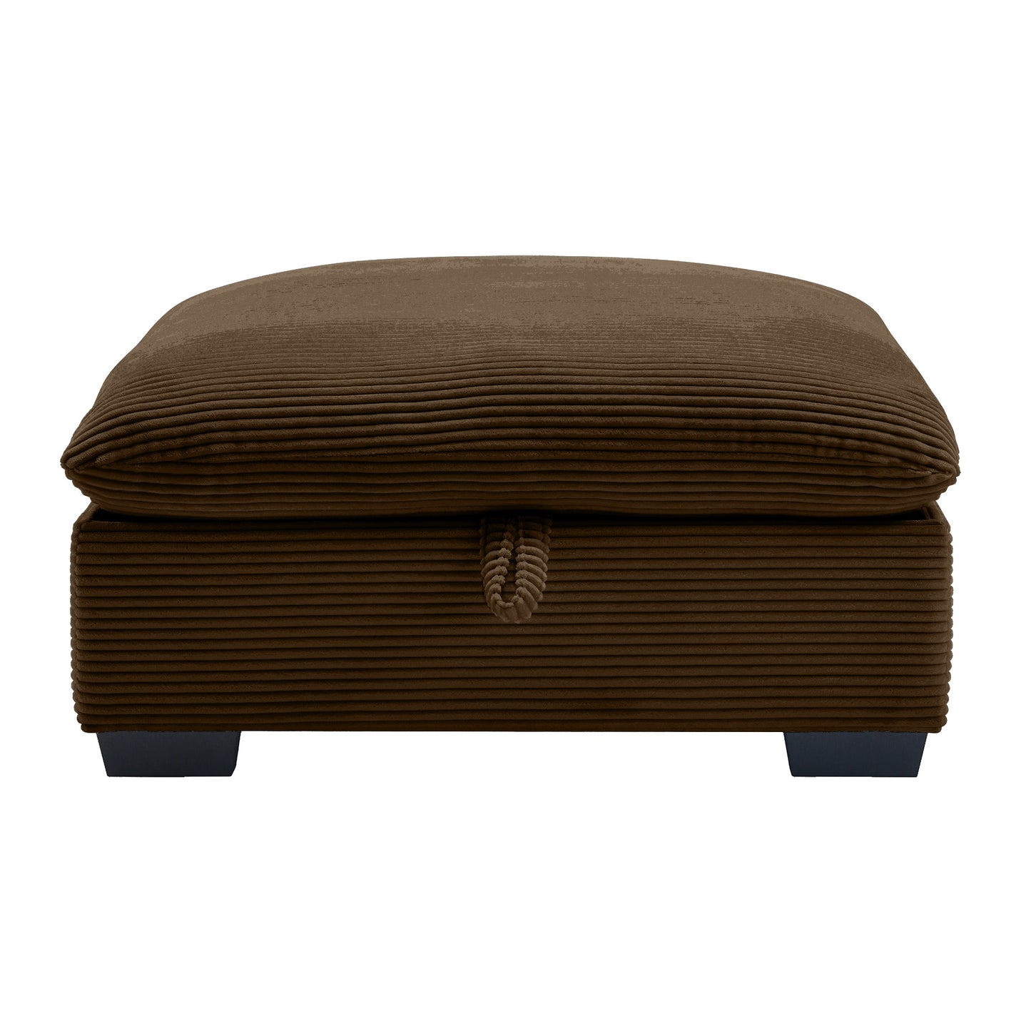 Brown corduroy storage ottoman with a pull tab for easy access
