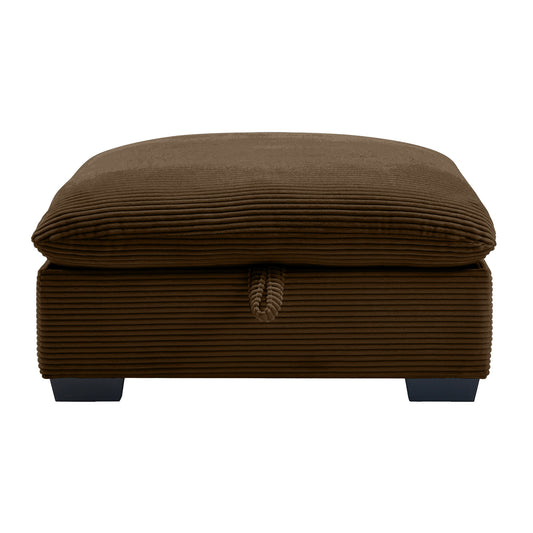 Brown corduroy storage ottoman with a pull tab for easy access