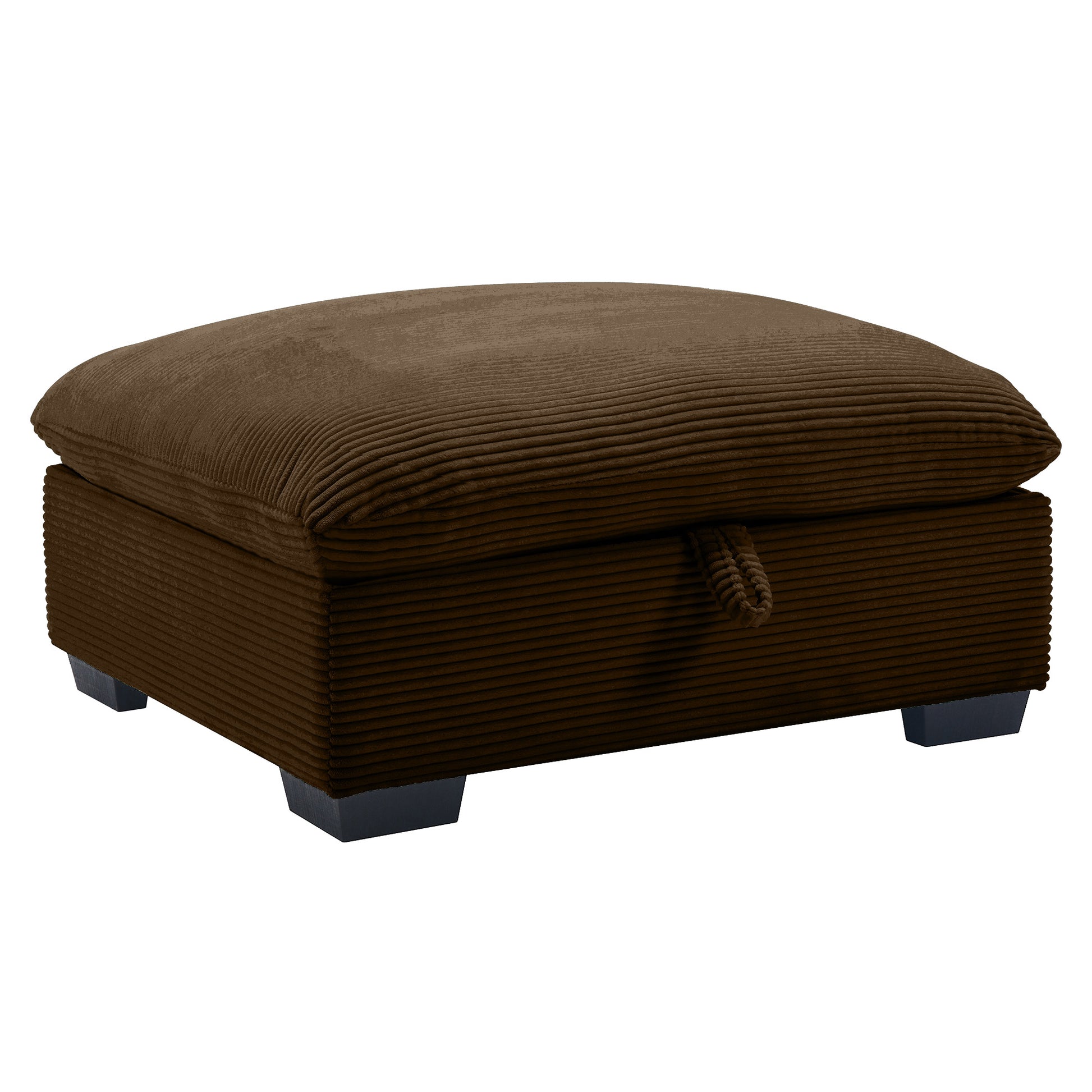 Brown corduroy storage ottoman with a tufted lid and dark wood legs