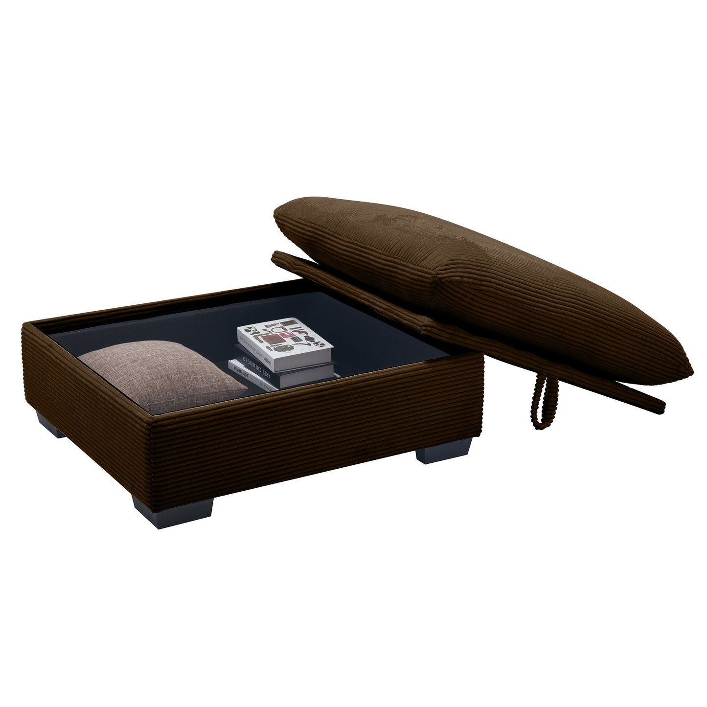 Brown corduroy ottoman coffee table with storage and black glass top