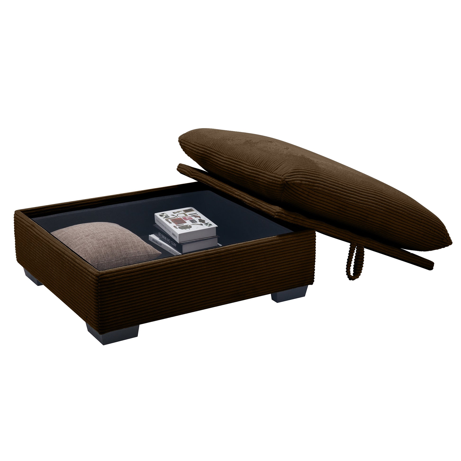 Brown corduroy ottoman coffee table with storage and black glass top