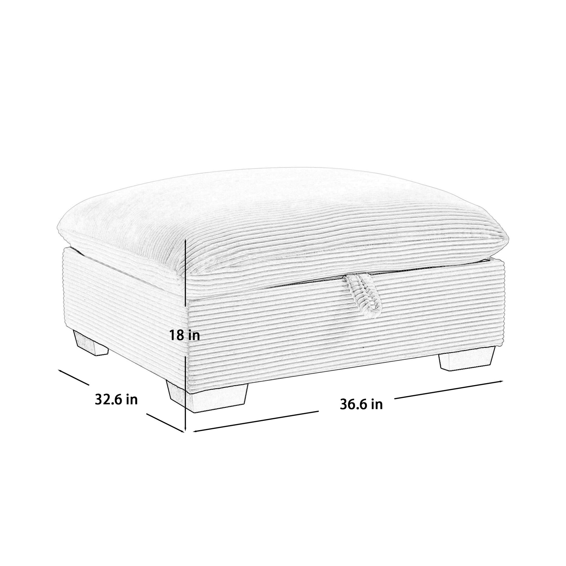 Sketch of a tufted corduroy storage ottoman with dimensions labeled