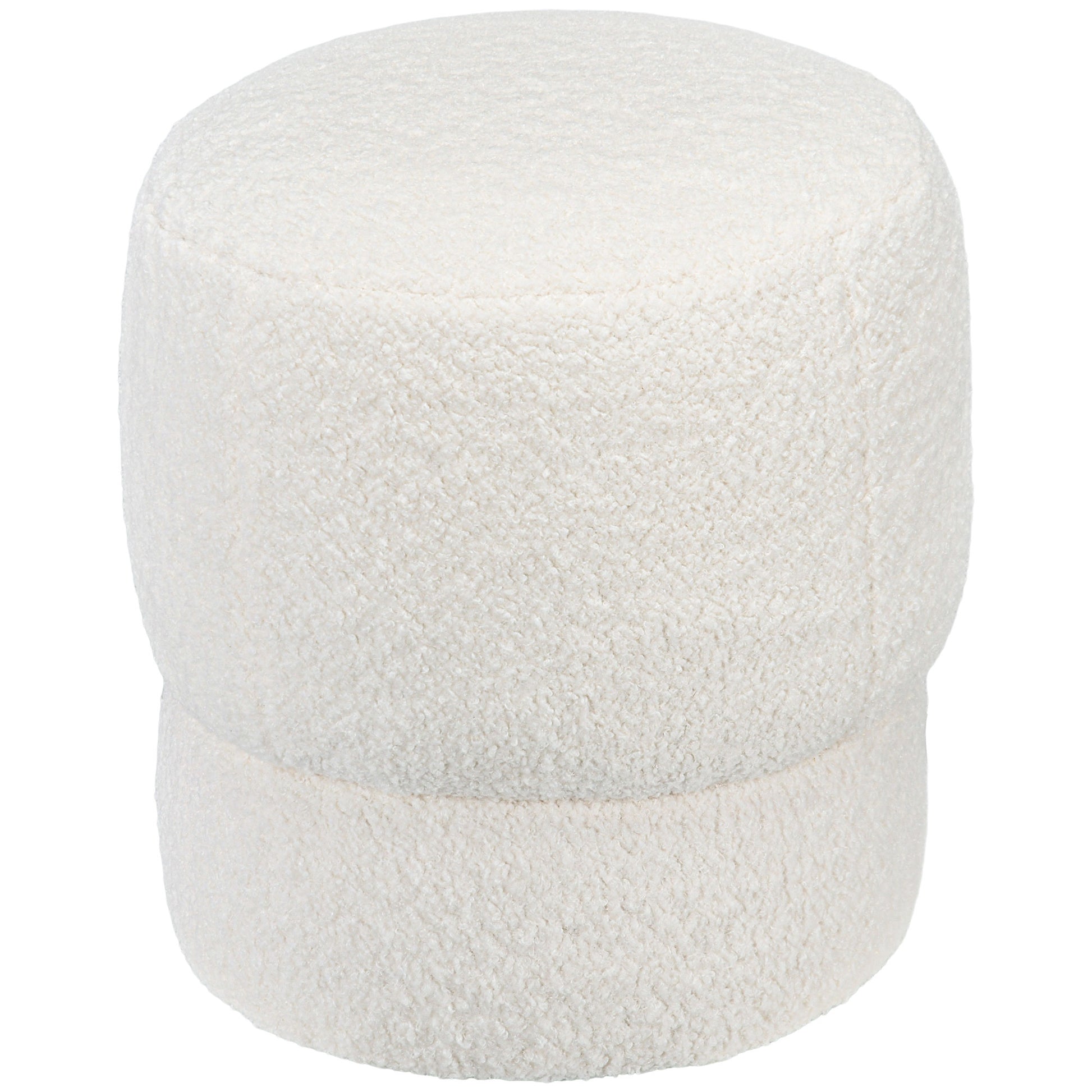 Cream boucle fabric ottoman with a plush textured surface perfect for living rooms
