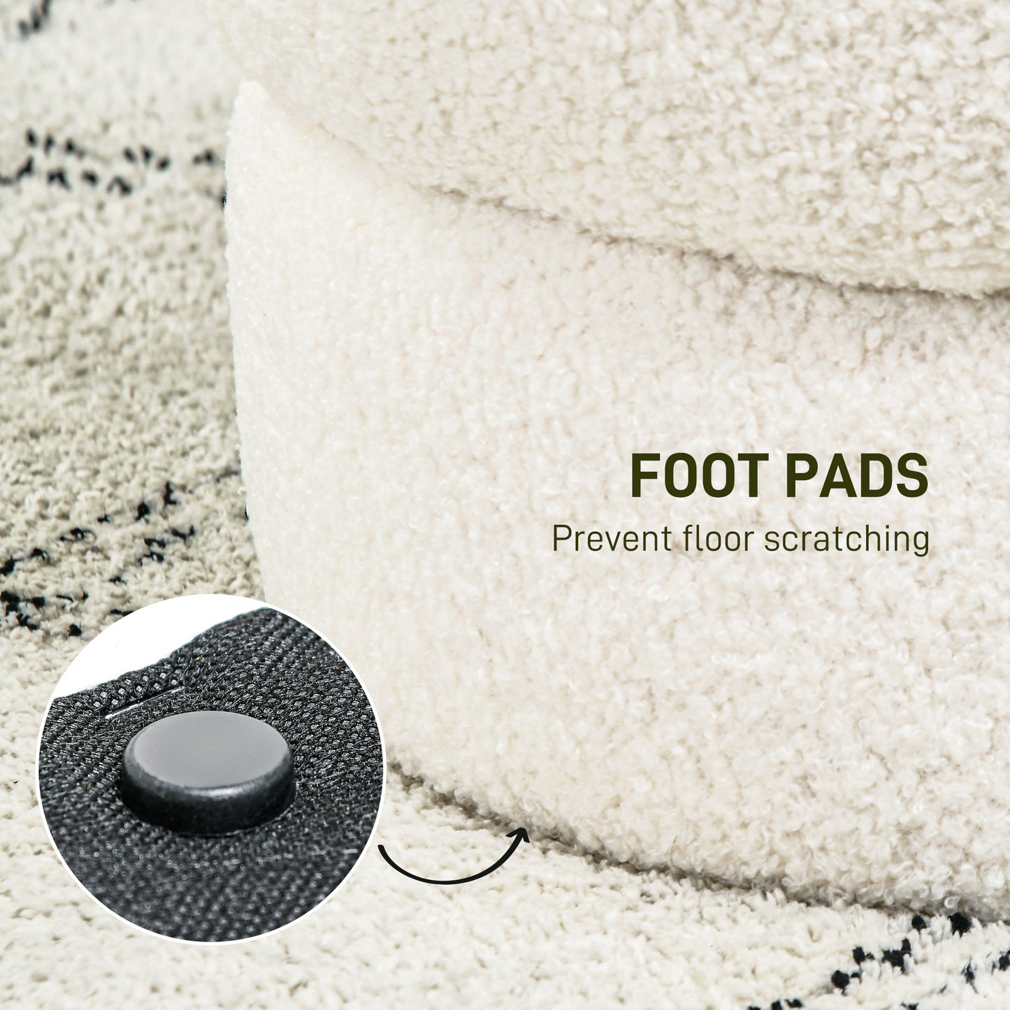 Closeup of textured cream rug corner with black circular floor pads