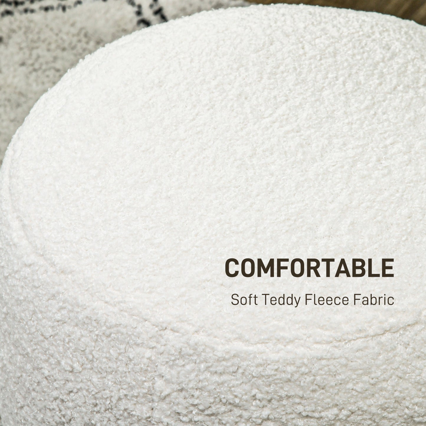 Cream teddy fleece fabric ottoman with a soft texture