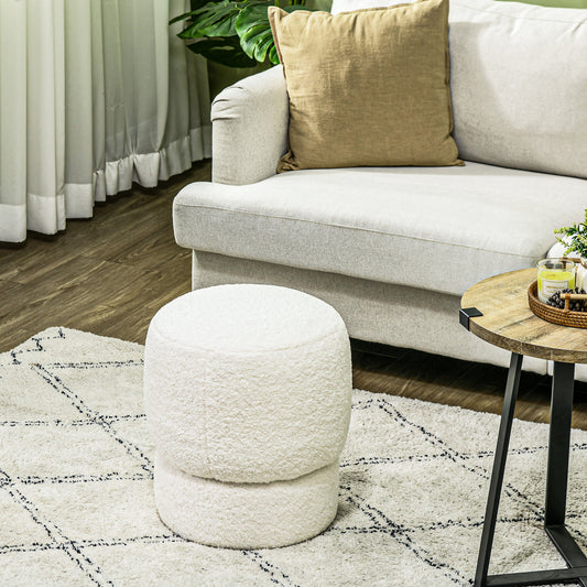 Round white boucle ottoman for footrest or extra seating