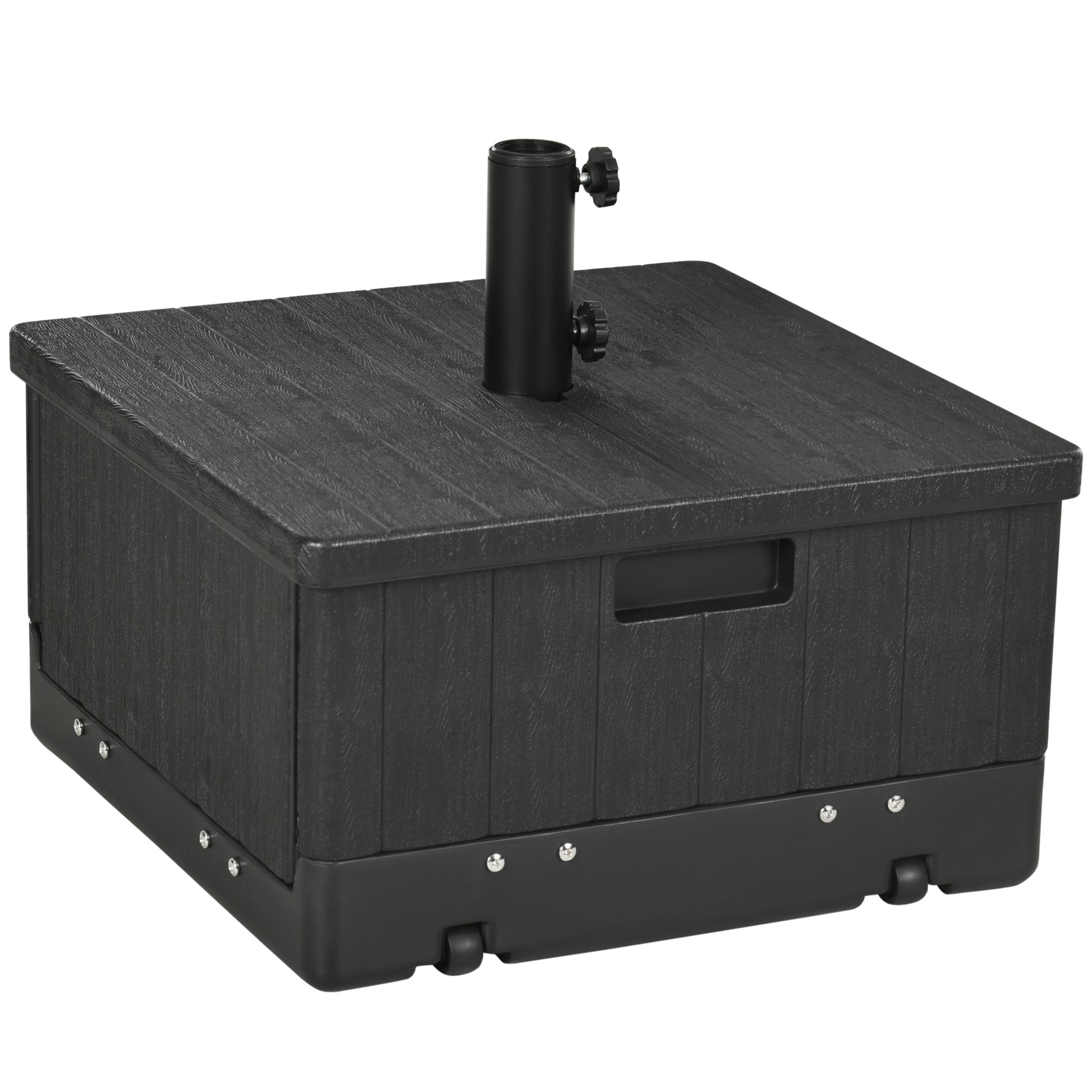 Black plastic rolling patio umbrella base with textured finish and adjustable knob