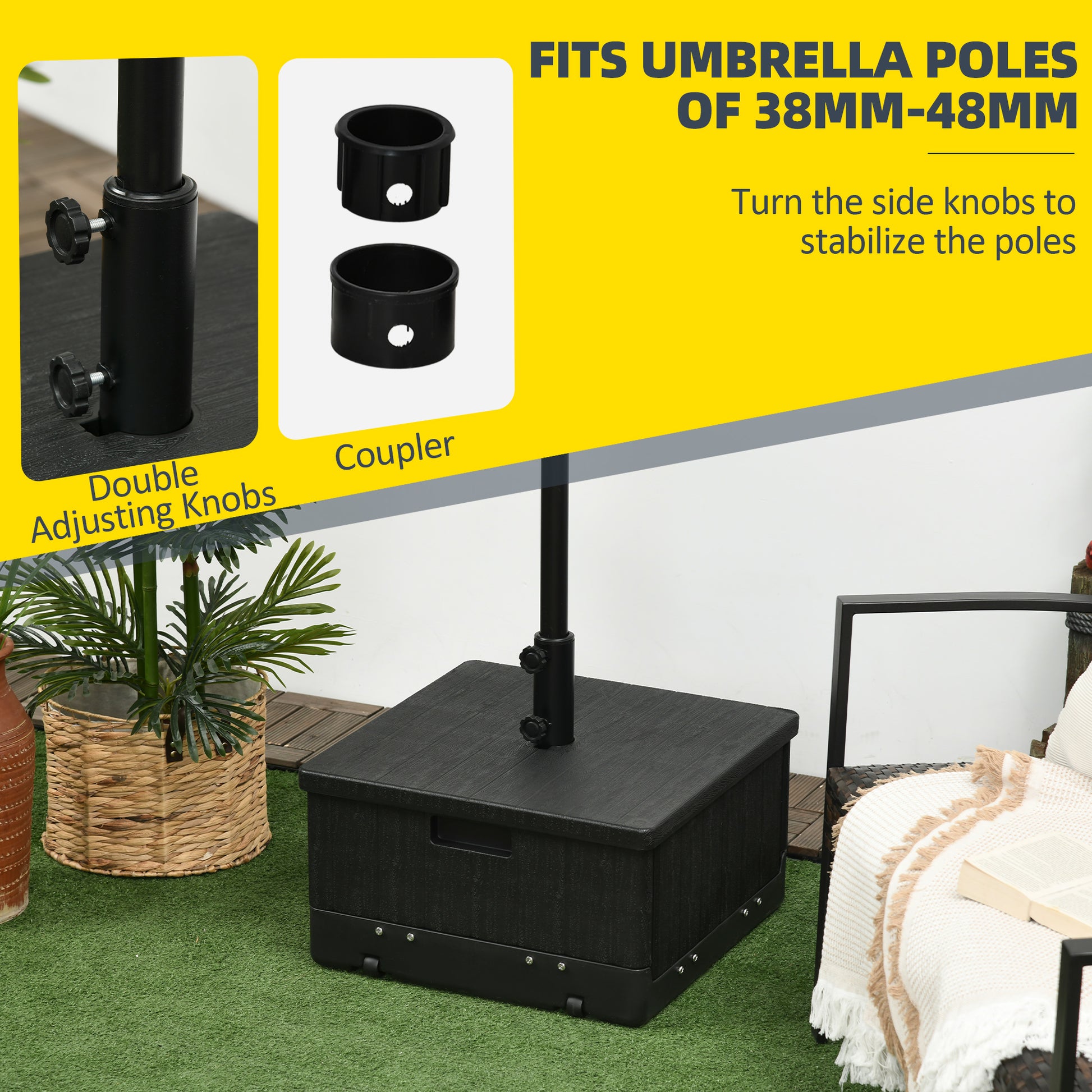 Black patio umbrella base with double adjusting knobs for secure pole stability