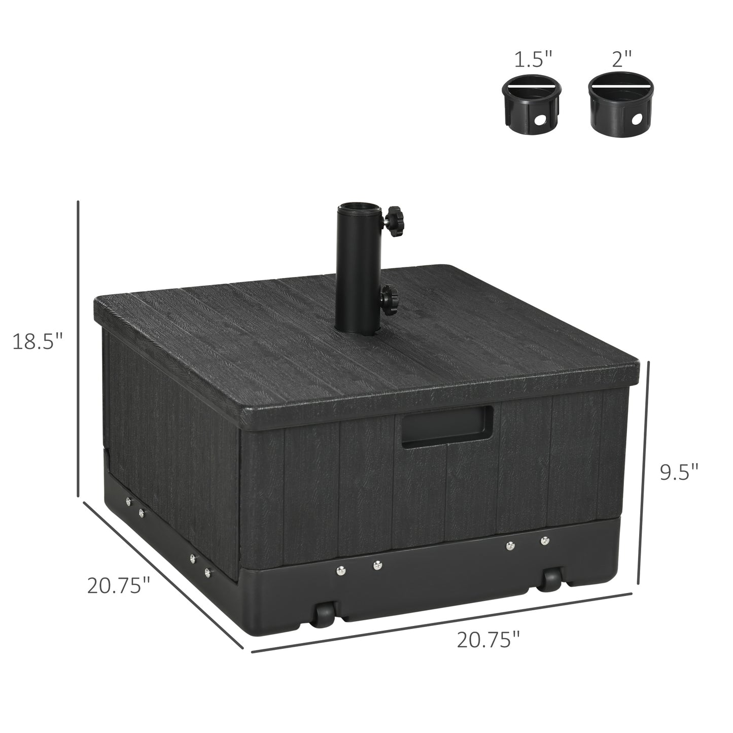 Black patio umbrella base with wheels and fillable compartment x inches
