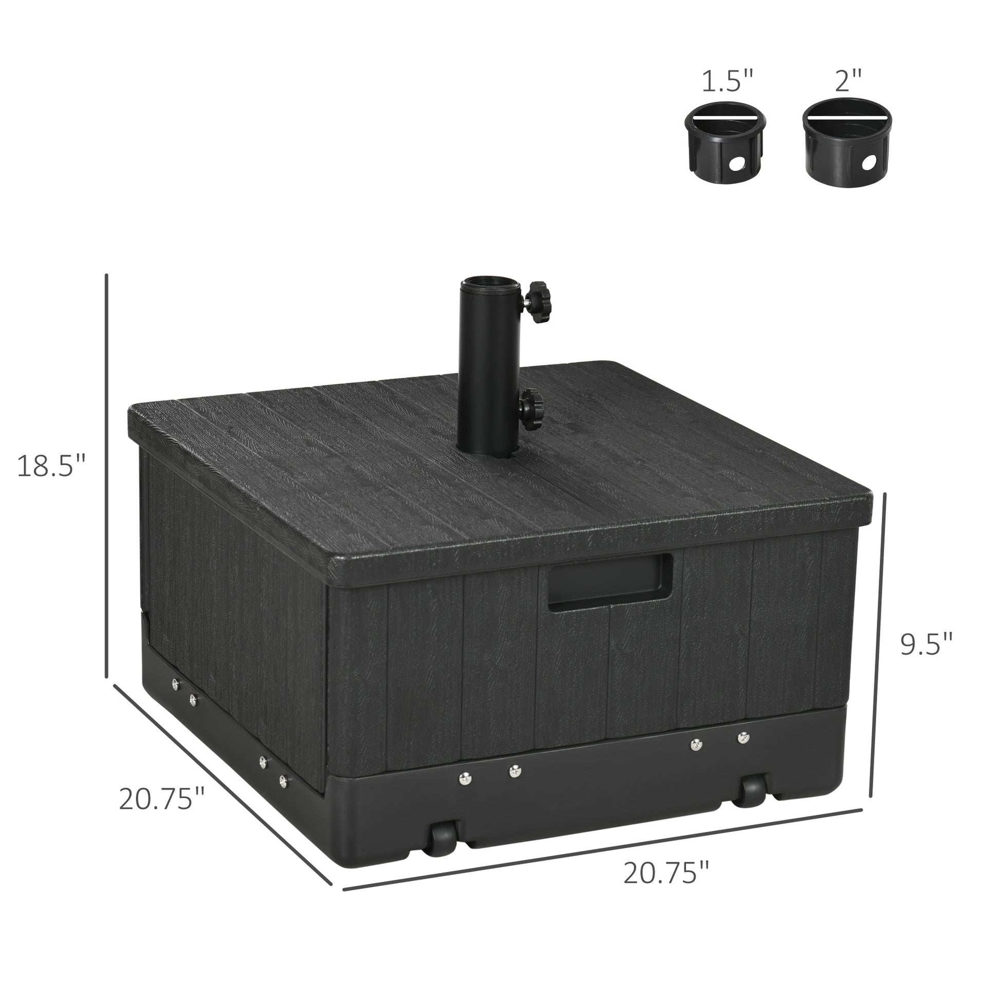 Black patio umbrella base with wheels and fillable compartment x inches