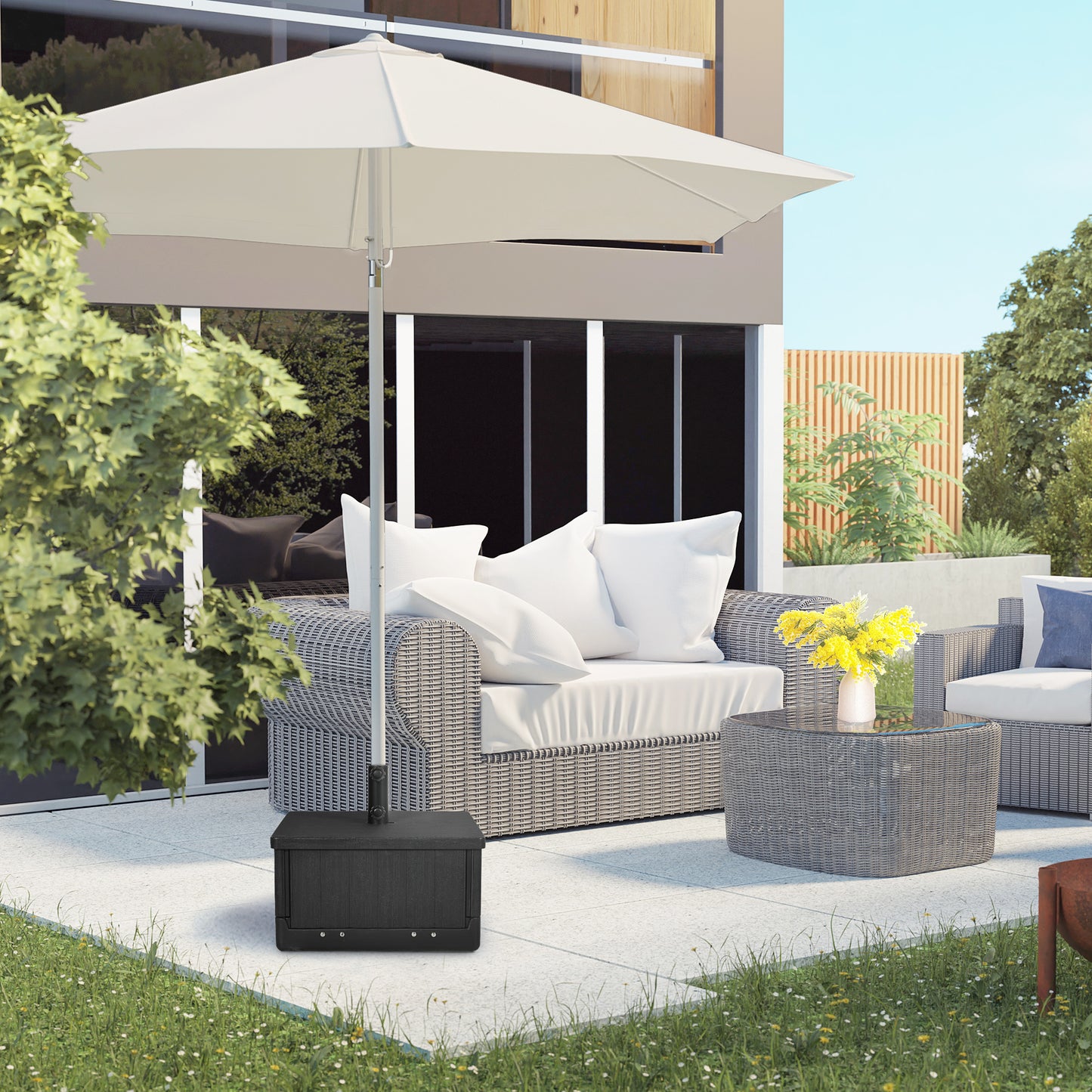 Black square patio umbrella base with wheels for stability on outdoor patios