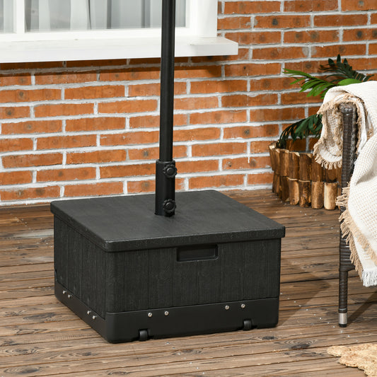 Black plastic patio umbrella base with wheels for stable outdoor use