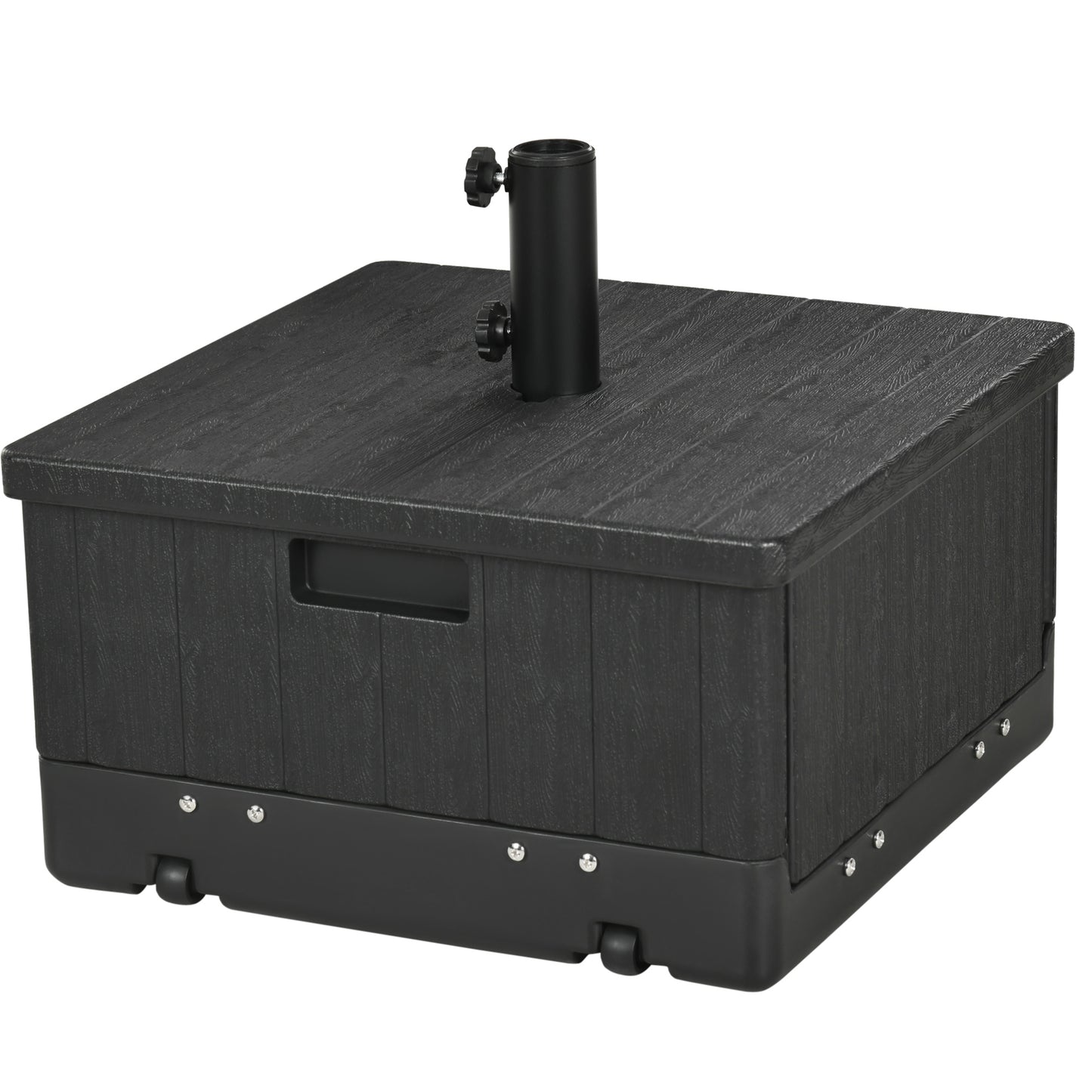 Black wheeled patio umbrella base with adjustable knob secure