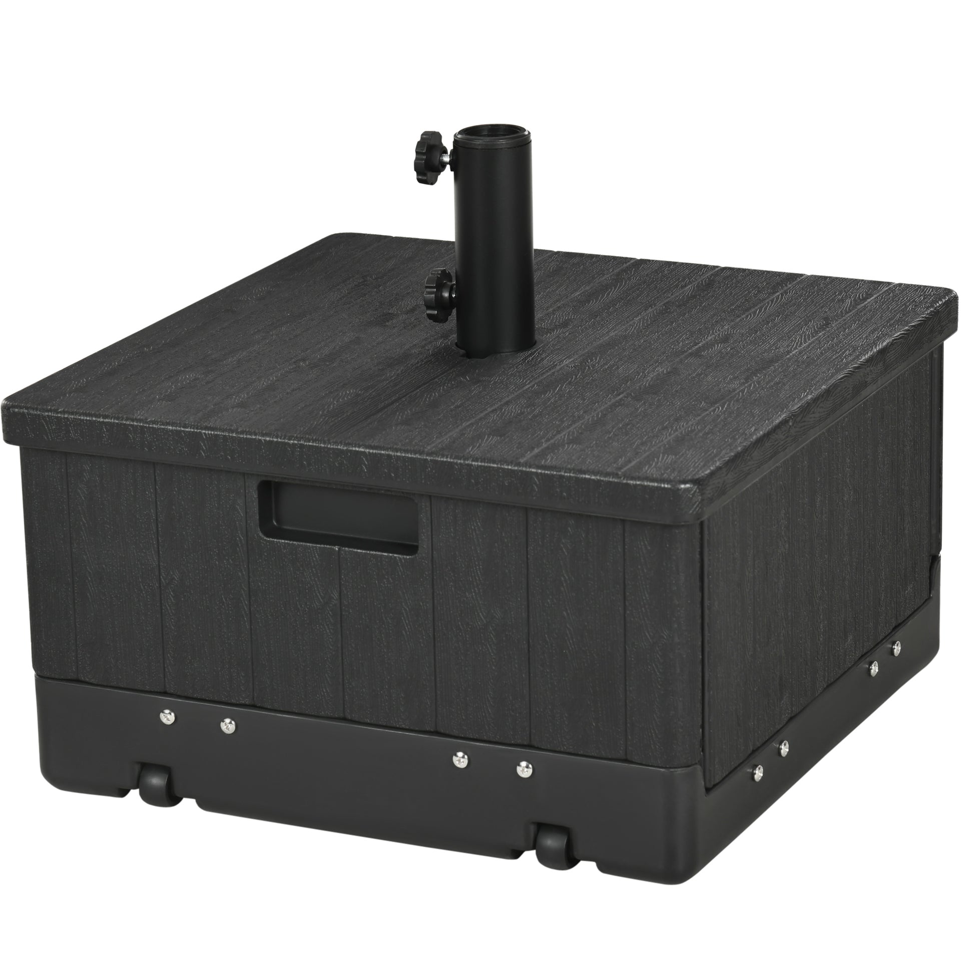 Black wheeled patio umbrella base with adjustable knob secure