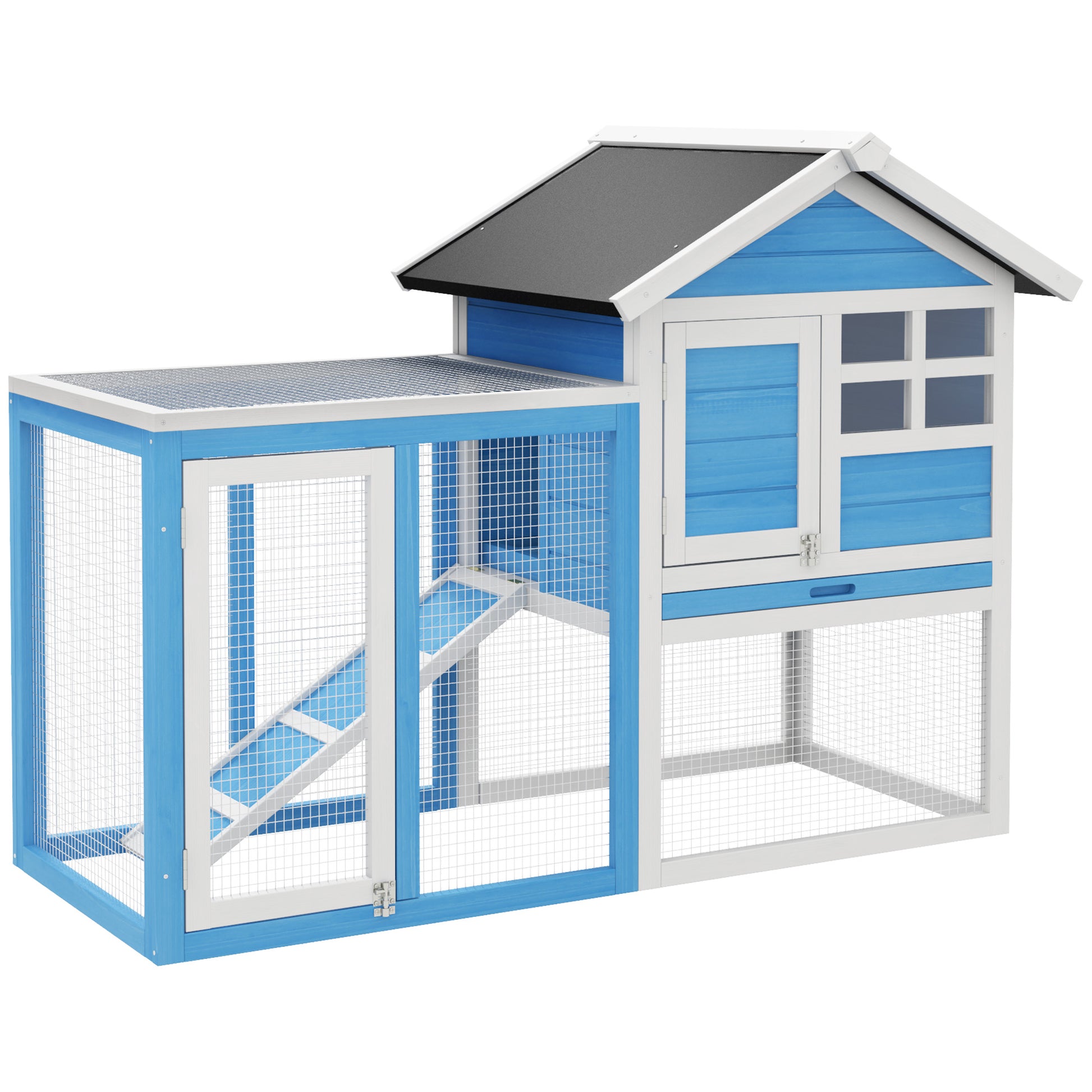 Twotier blue and white wooden chicken coop with wire mesh enclosure and ramp
