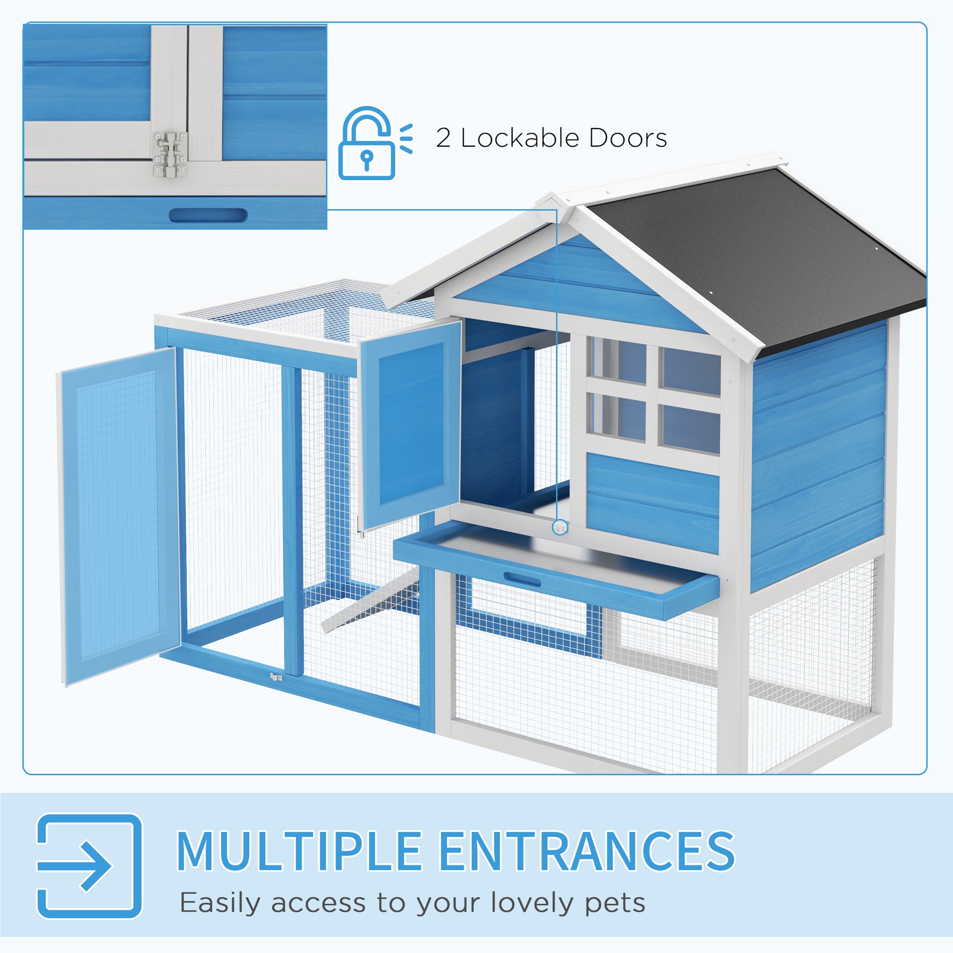 Blue and white twostory chicken coop with open doors and mesh enclosures