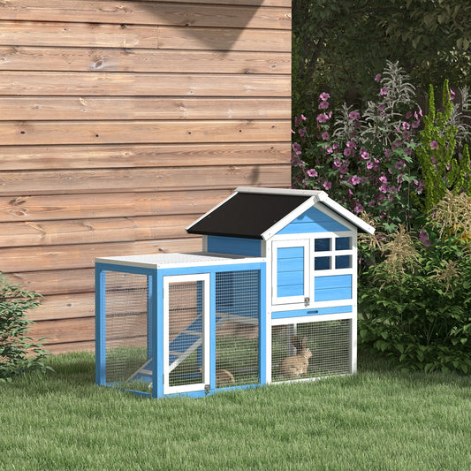 Blue and white twotier rabbit hutch with wire mesh enclosure and small animal inside