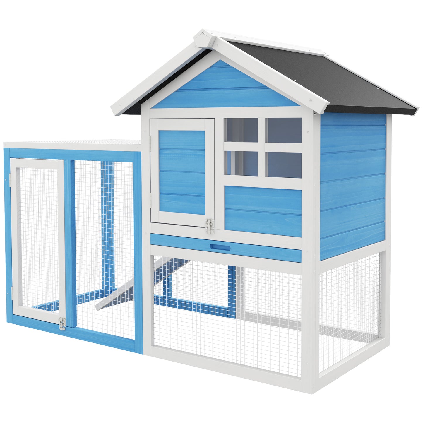Blue and white wooden chicken coop with duallevel runs for outdoor pets