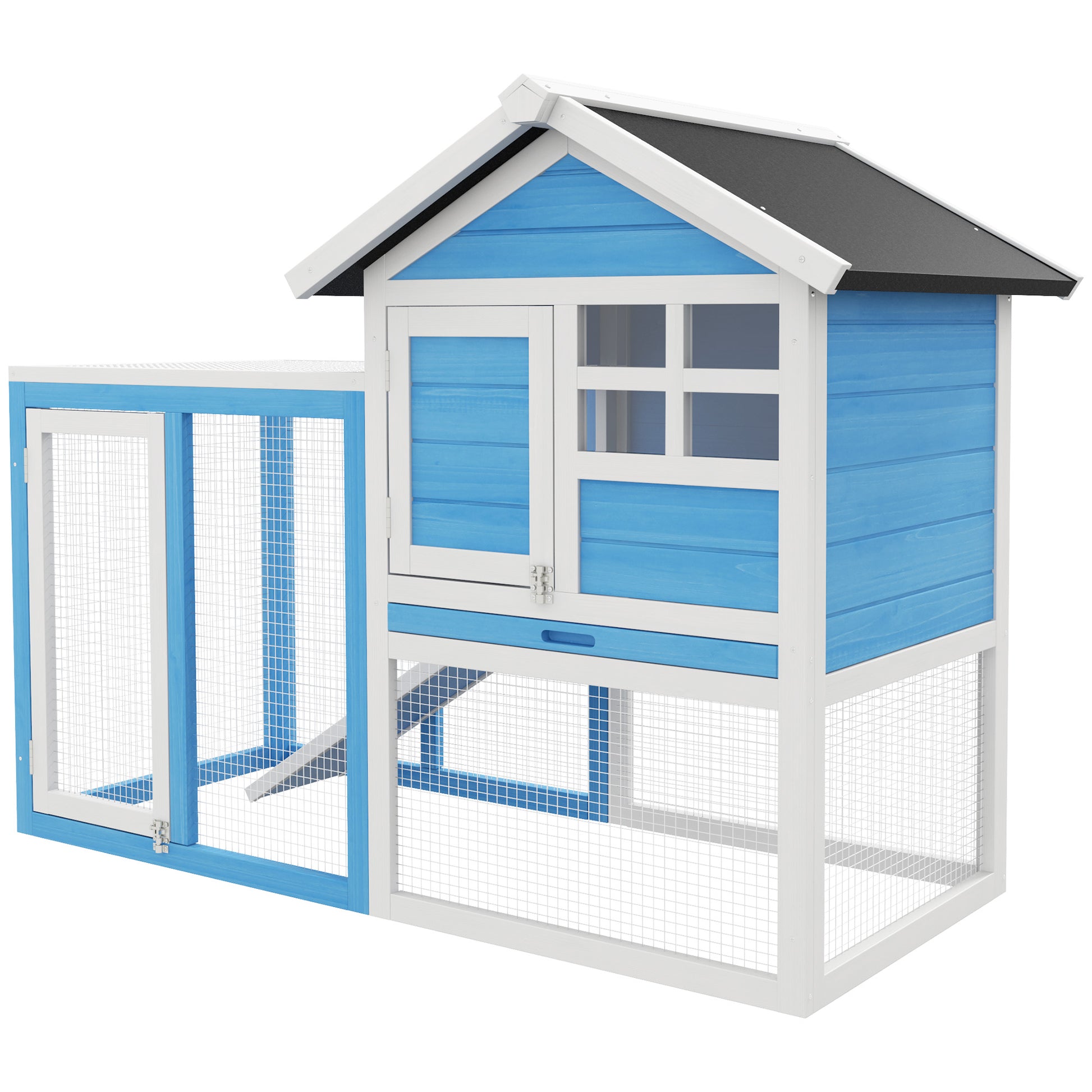Blue and white wooden chicken coop with duallevel runs for outdoor pets