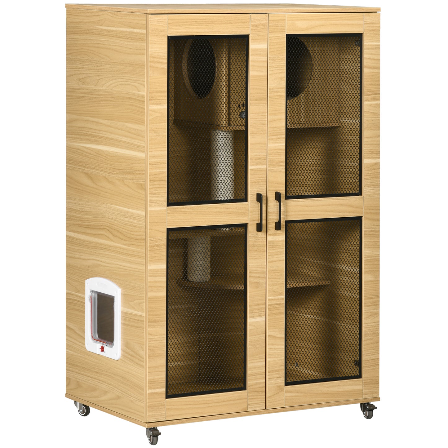 Light oak wood cat condo with two doors mesh panels interior shelves and a pet door