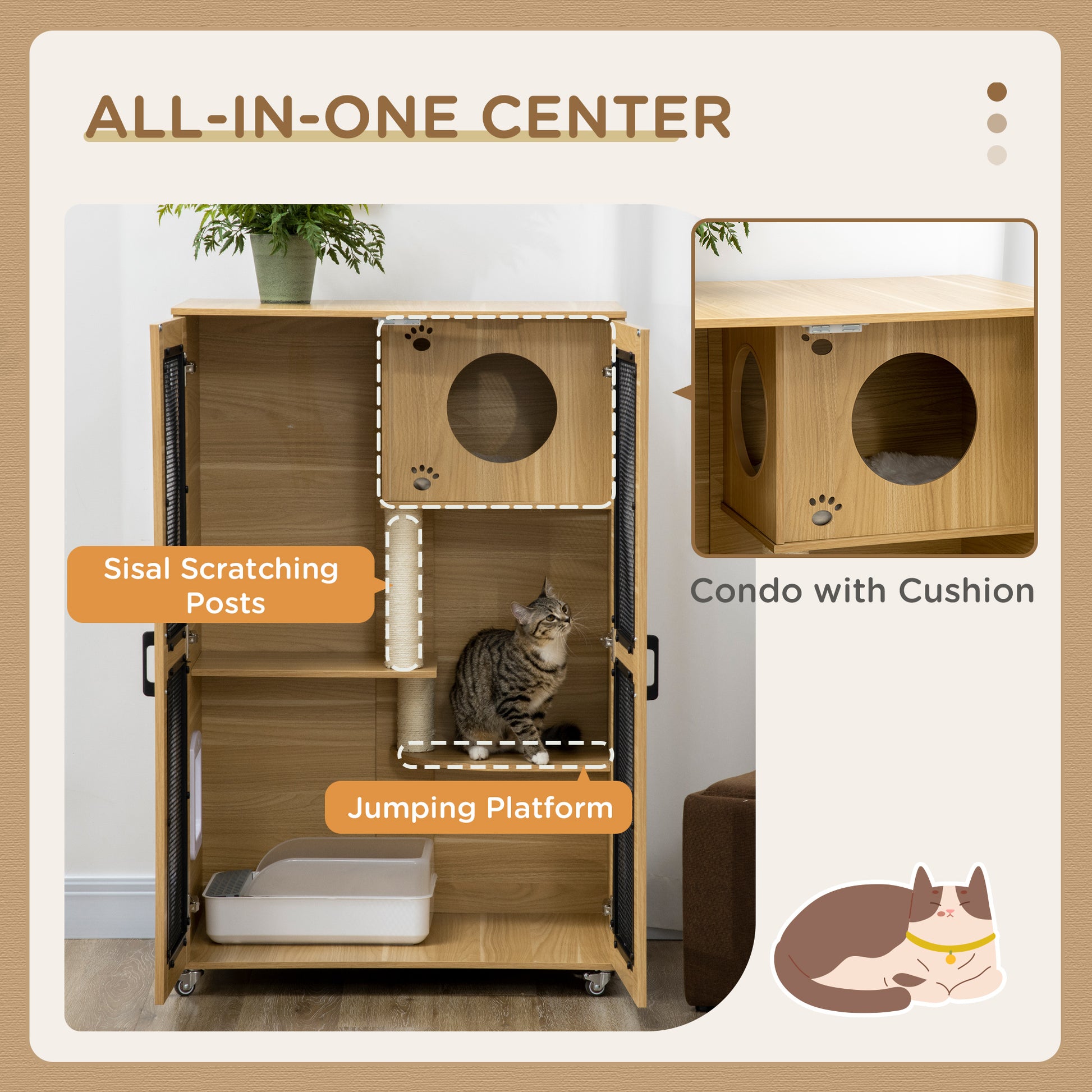 Cat tree condo with sisal scratching posts and jumping platform wooden finish for playful cats