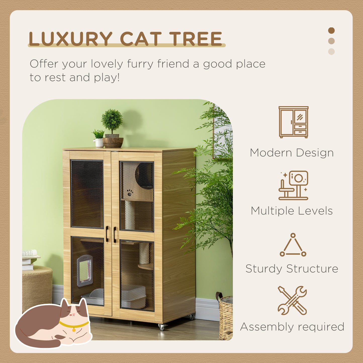 Luxurious wooden cat tree with multiple levels for resting and playing