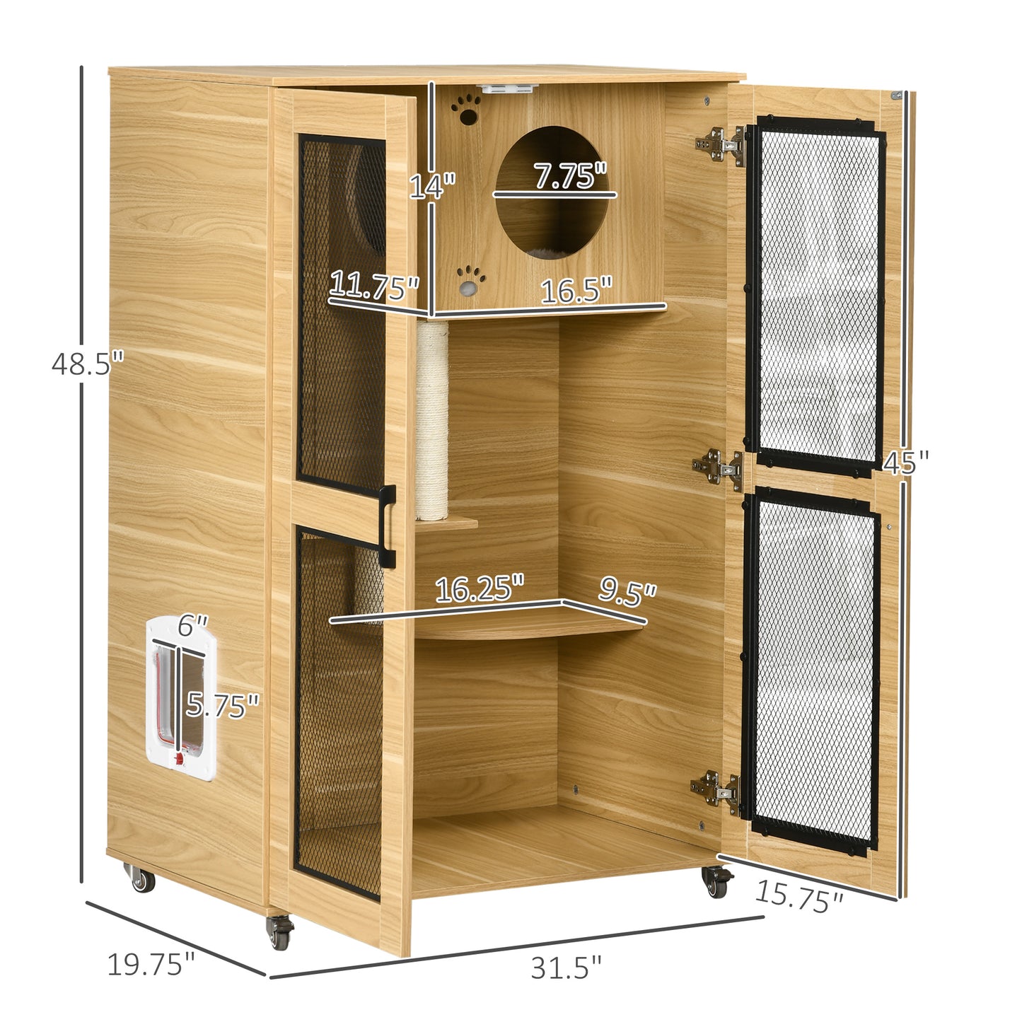 Light oak wood cat cage with a scratching post and multiple levels for feline enrichment