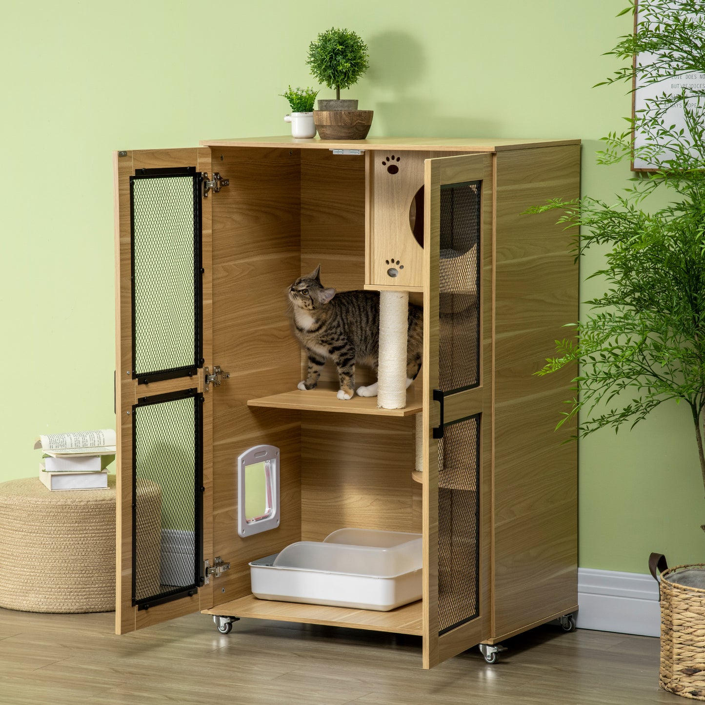 Wooden cat condo with scratching post and litter box enclosure