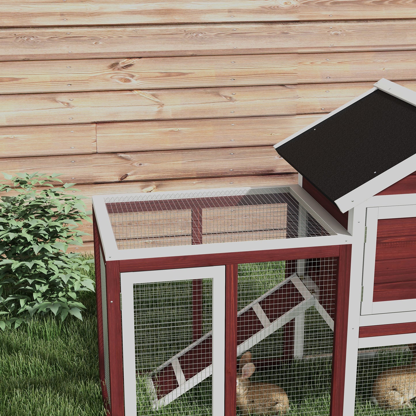 Twotier red wooden rabbit hutch with ramp and wire mesh doors