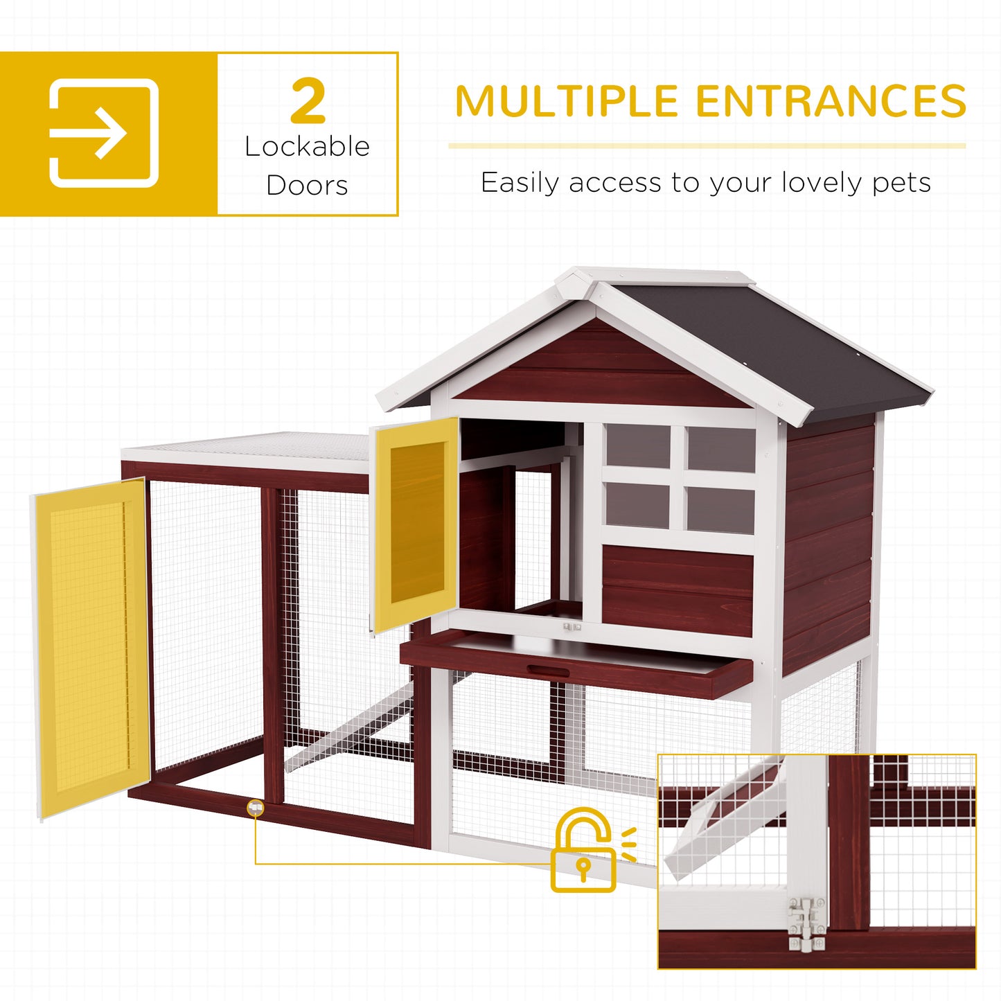 Wooden chicken coop with two lockable doors and attached run for small pets