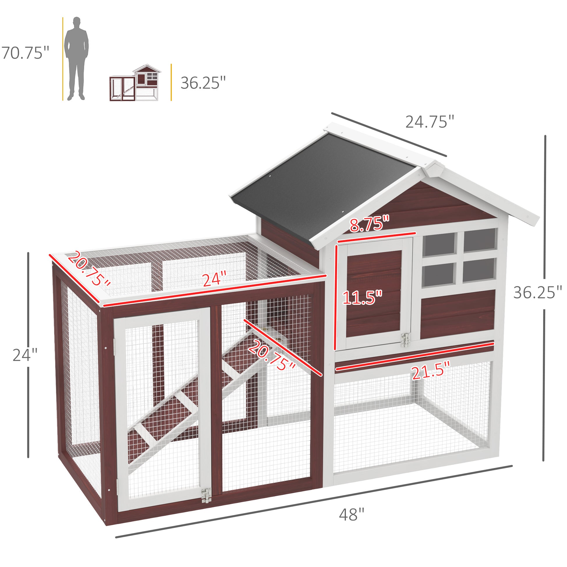 Wooden chicken coop with two levels brown and white for backyard use