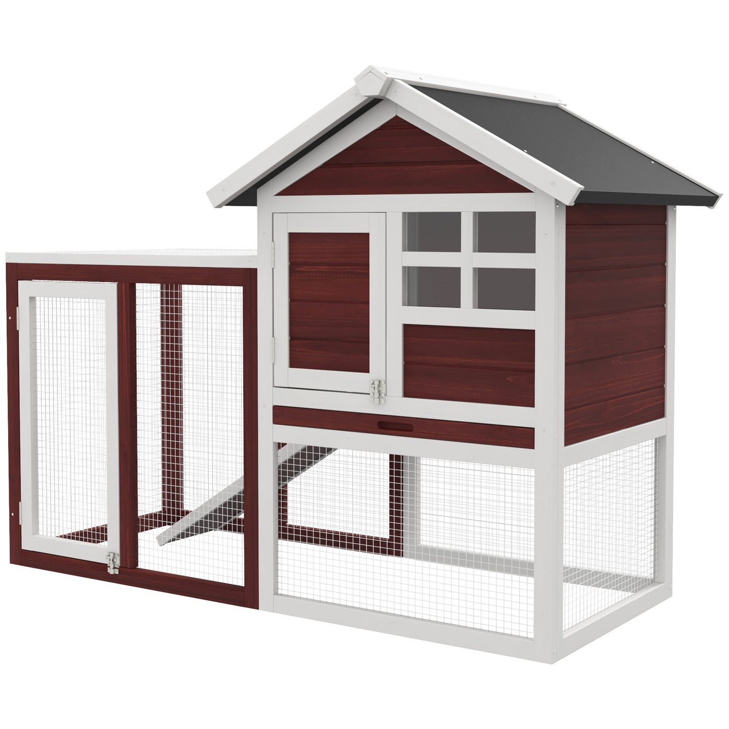 Wooden chicken coop with a red and white design featuring a secure run for backyard pets