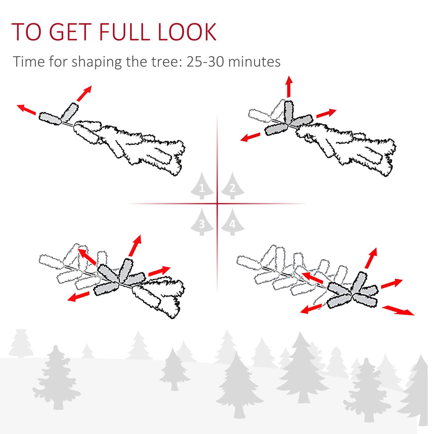 Illustration of artificial Christmas tree branches being fluffed and shaped for a full look