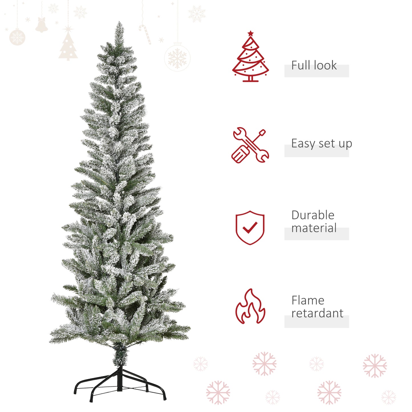 Flocked artificial Christmas tree with green needles and white snowlike coating