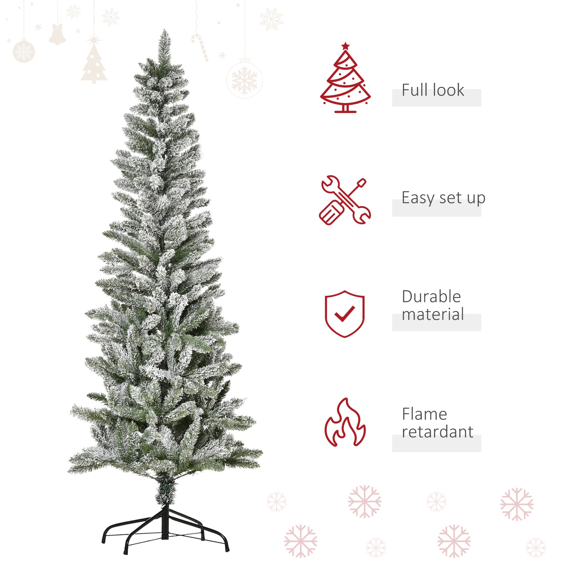 Flocked artificial Christmas tree with green needles and white snowlike coating
