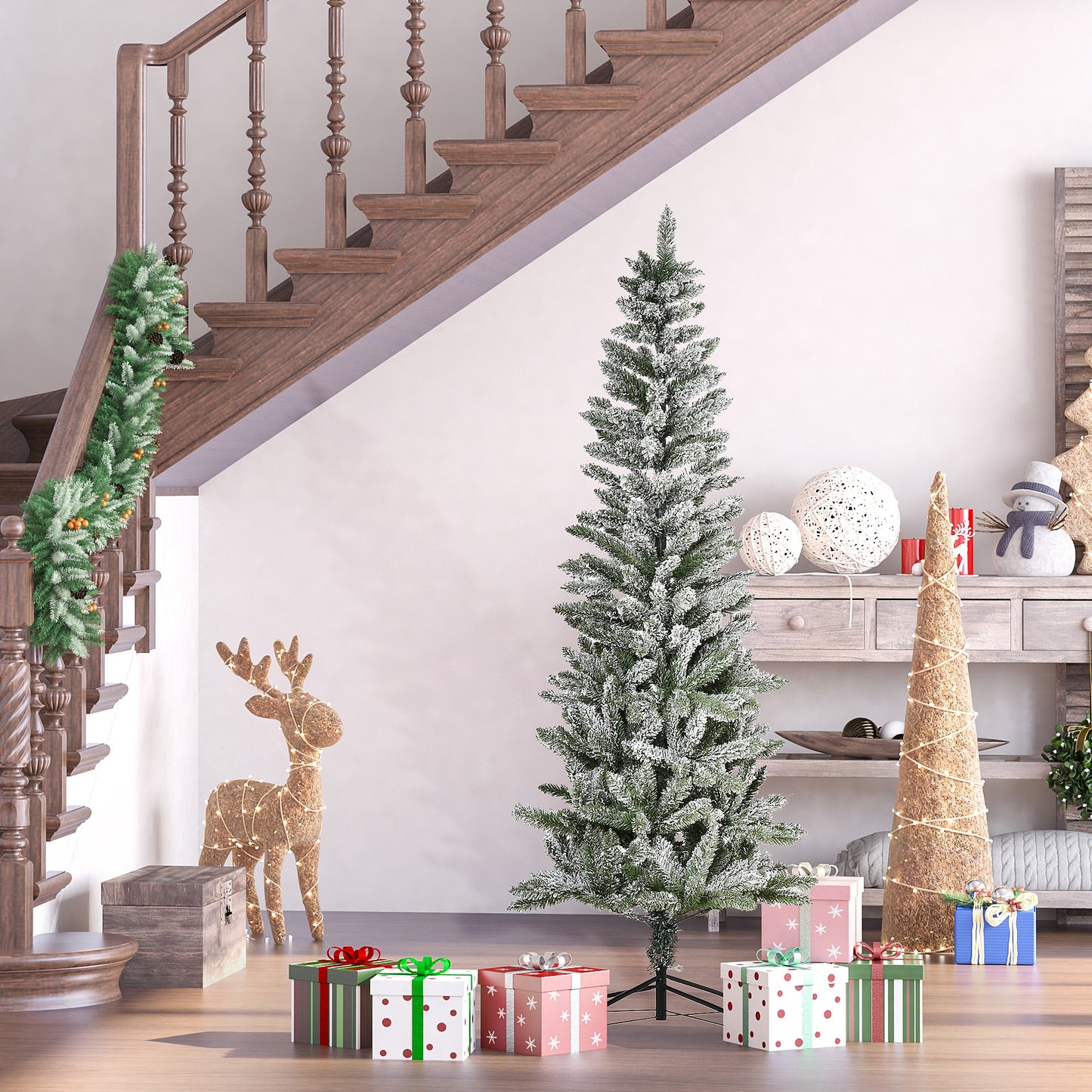 Flocked artificial Christmas tree with realistic pine needles and frosted tips