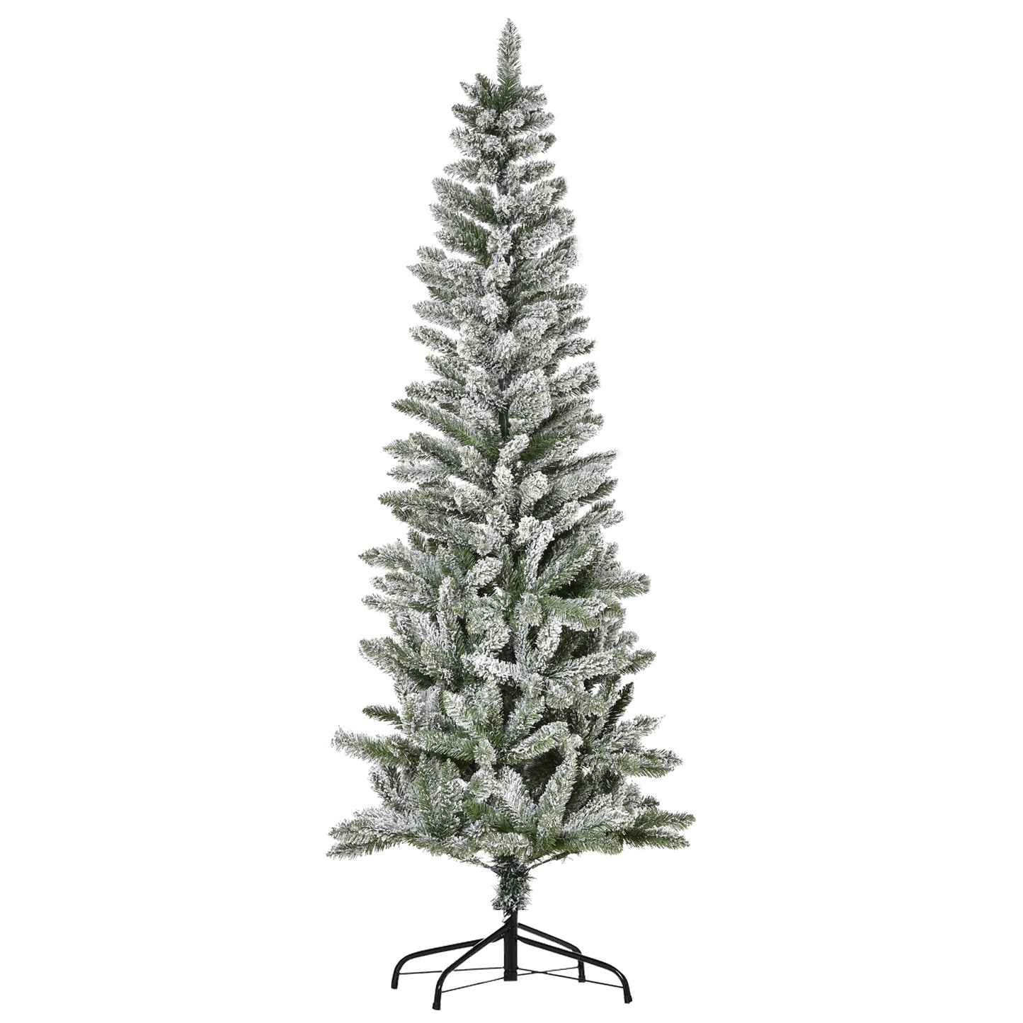 Flocked pencil Christmas tree with green needles and a sturdy black stand