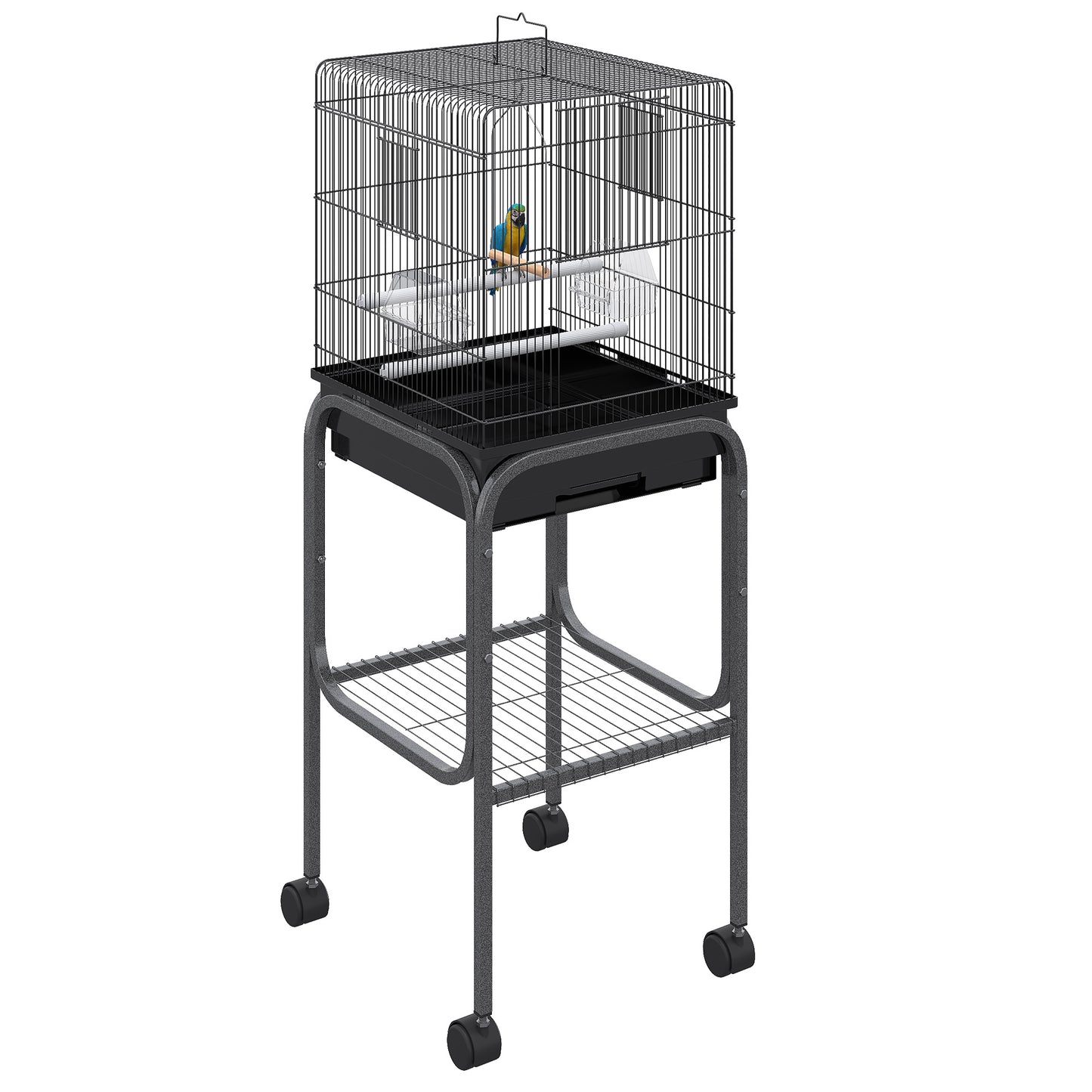 Black metal bird cage with rolling stand and blue and yellow macaw inside