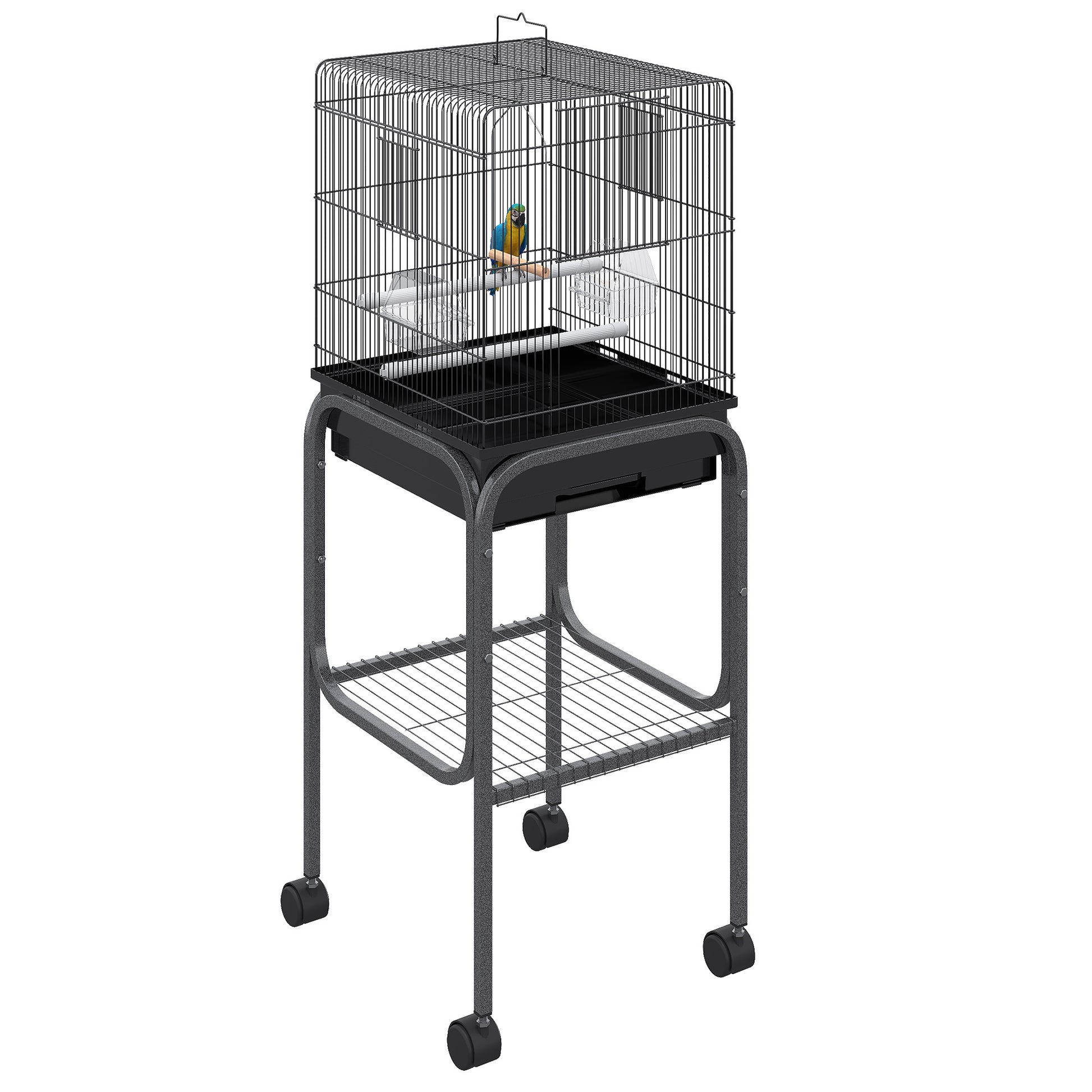 Black metal bird cage with rolling stand and blue and yellow macaw inside