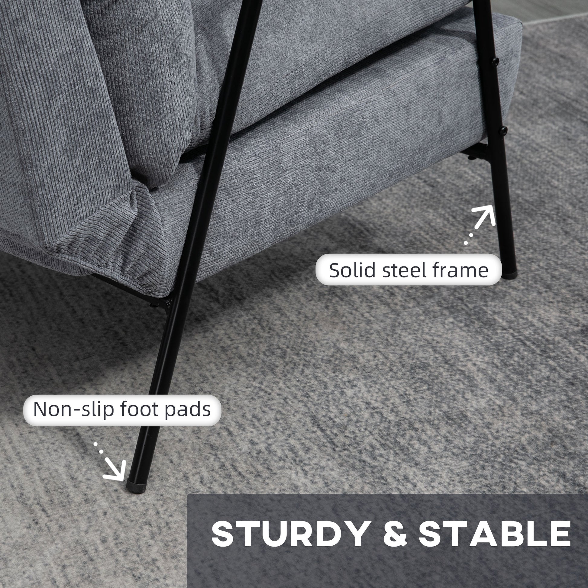 Gray corduroy fabric armchair base with black metal legs and nonslip foot pads