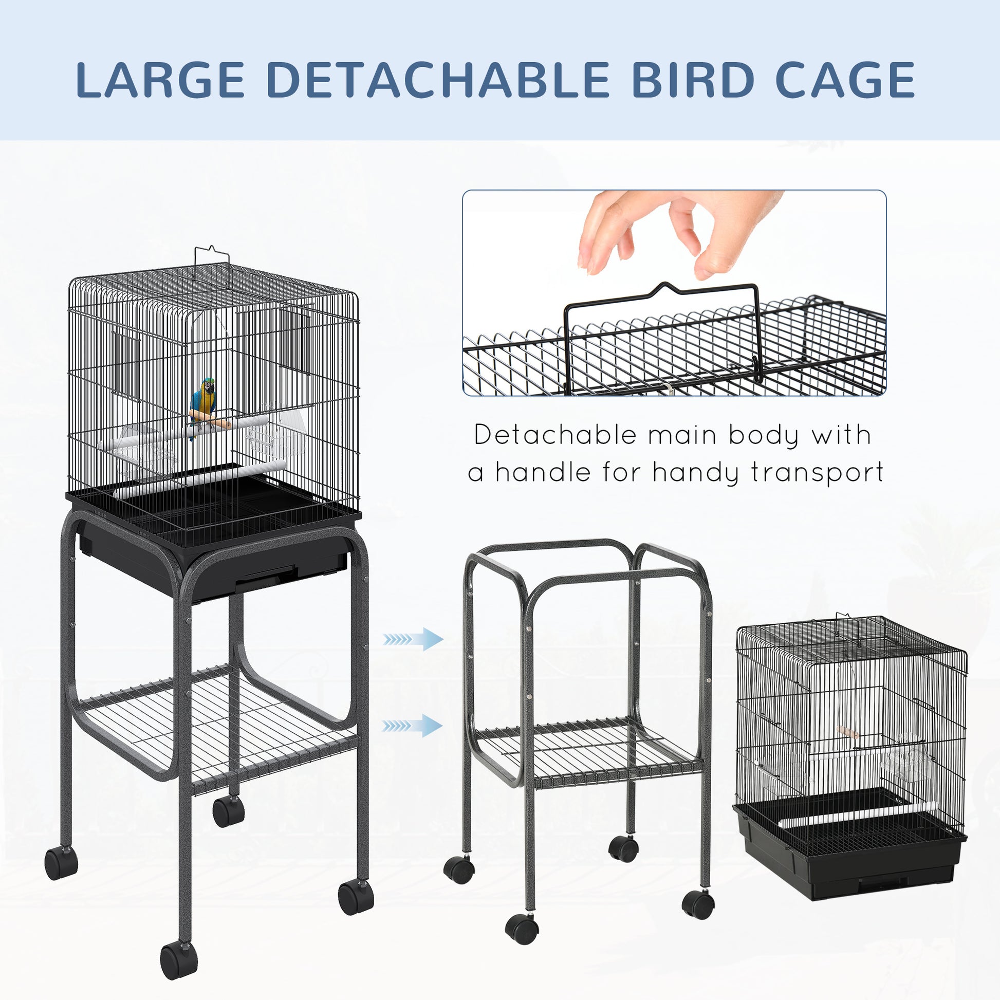 Large black metal bird cage on wheels with a parrot inside