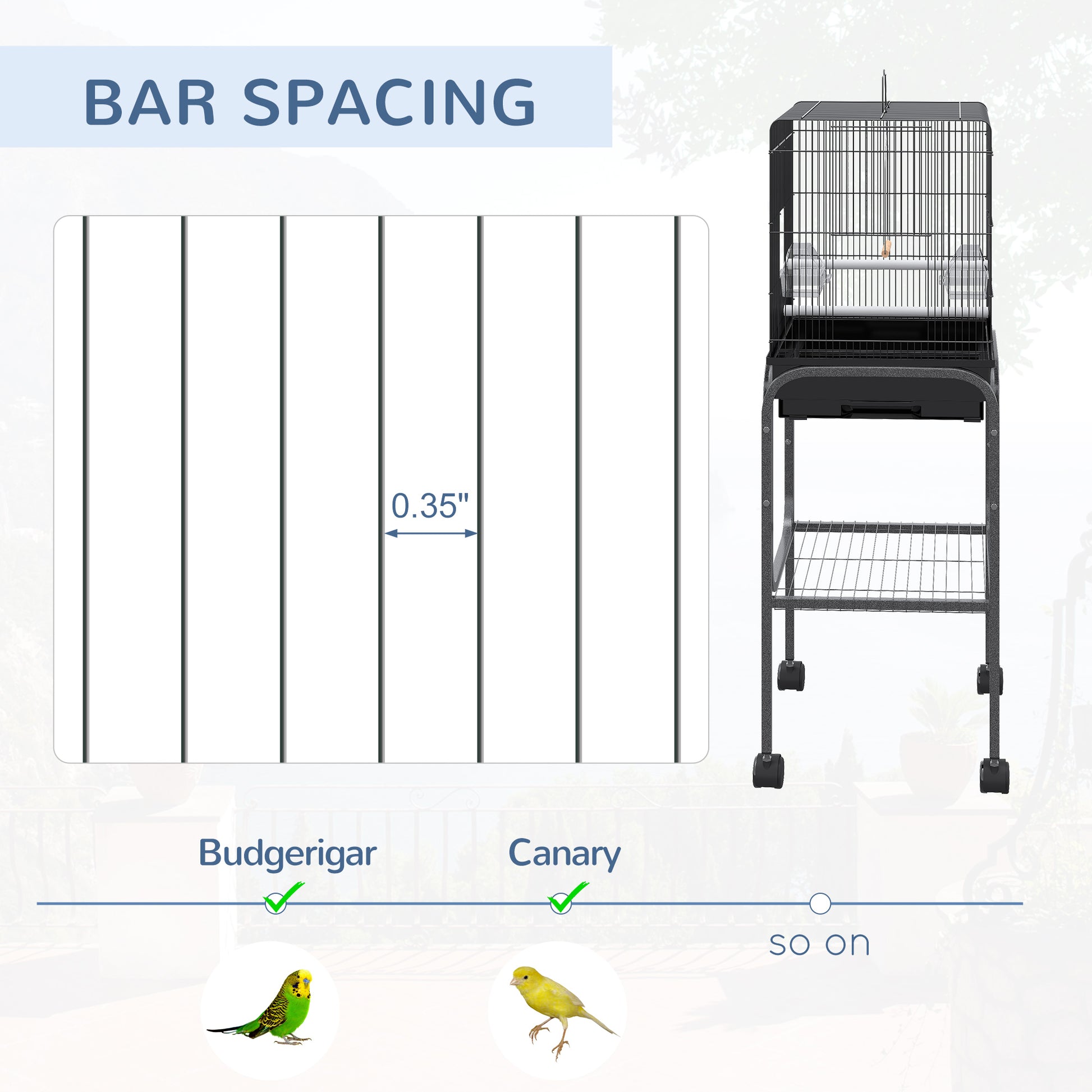 Black metal bird cage with  inch bar spacing suitable for budgies