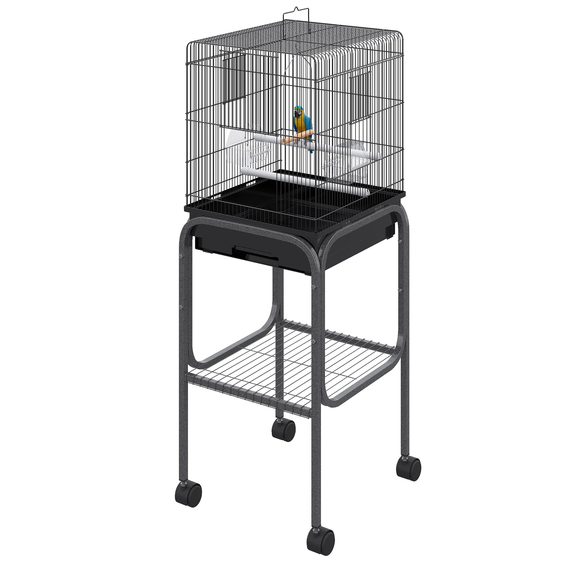 Black metal bird cage with stand and blue and yellow macaw