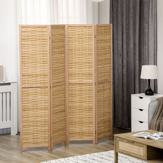 Natural bamboo room divider with woven panels and light wood frame