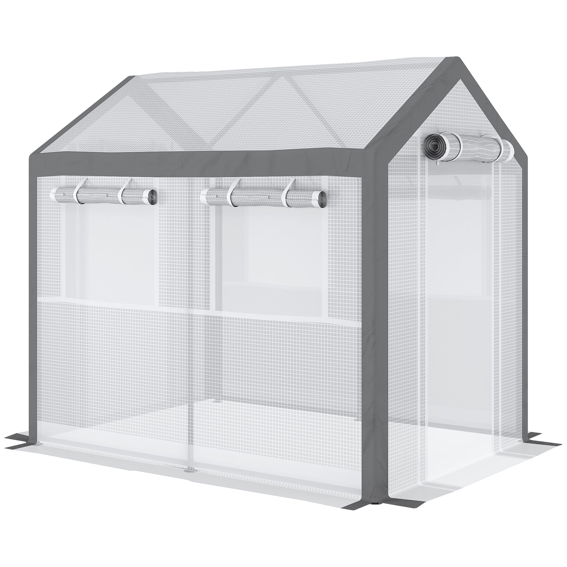 Compact greenhouse with polyethylene cover and rollup windows for ventilation