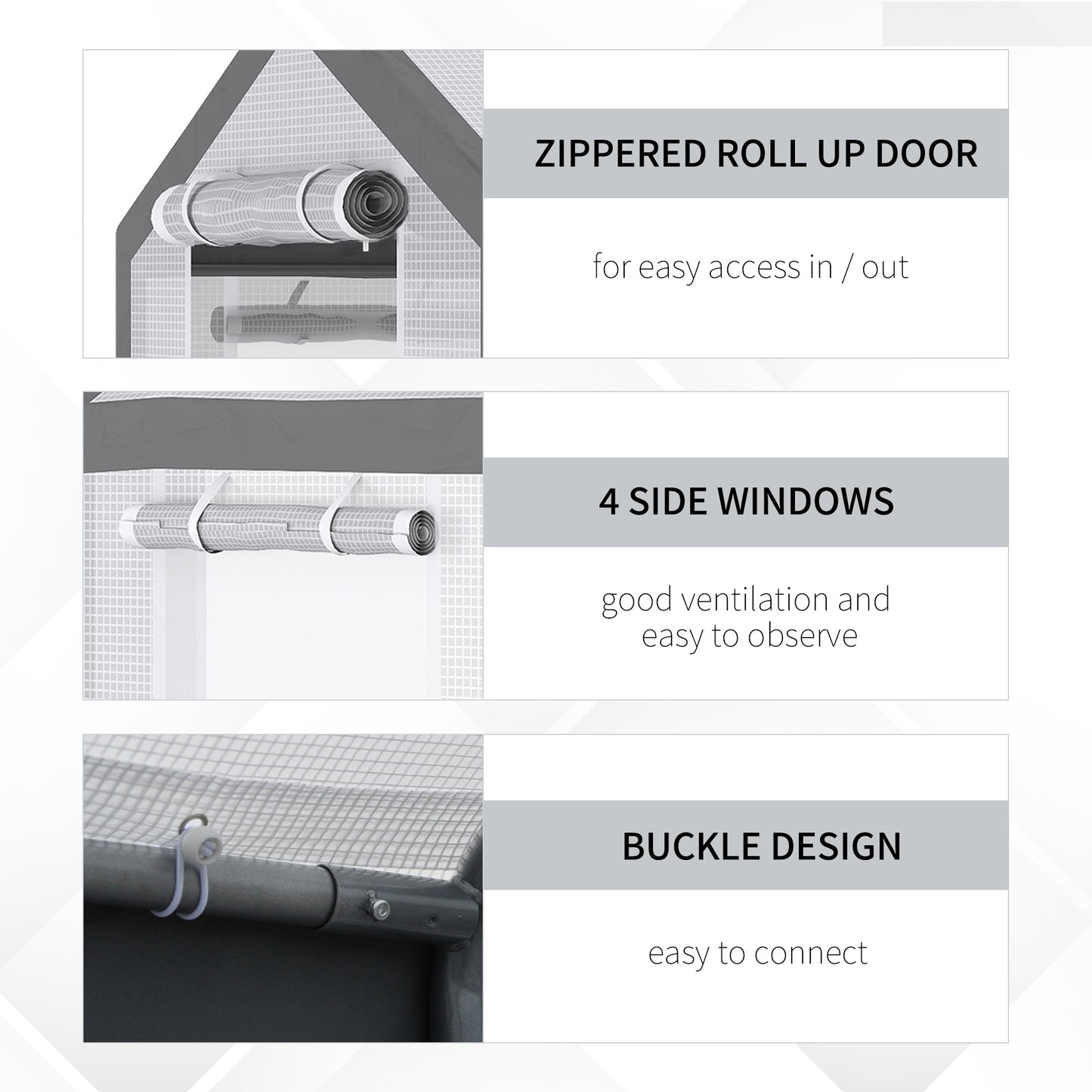 Greenhouse with zippered rollup door for easy access