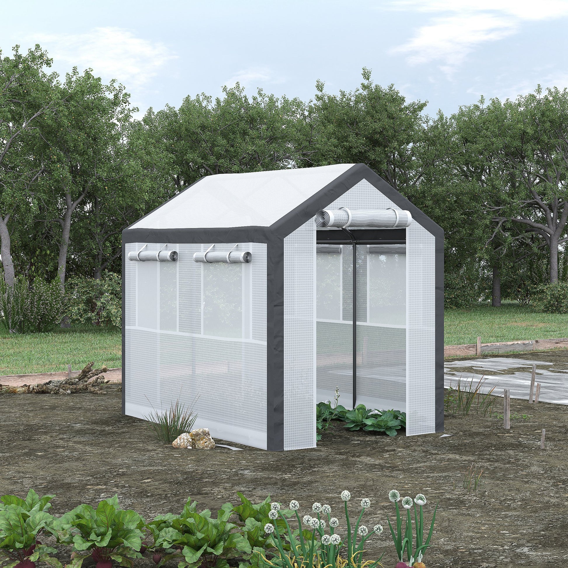 White and grey portable greenhouse with rollup windows and a zippered door ideal for backyard gardening