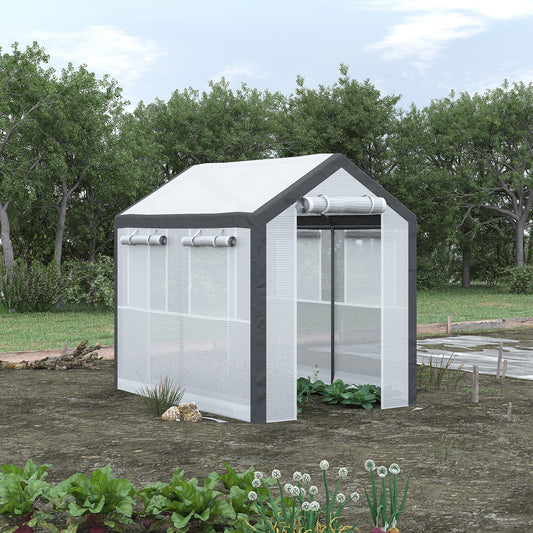 White and grey portable greenhouse with rollup windows and a zippered door ideal for backyard gardening