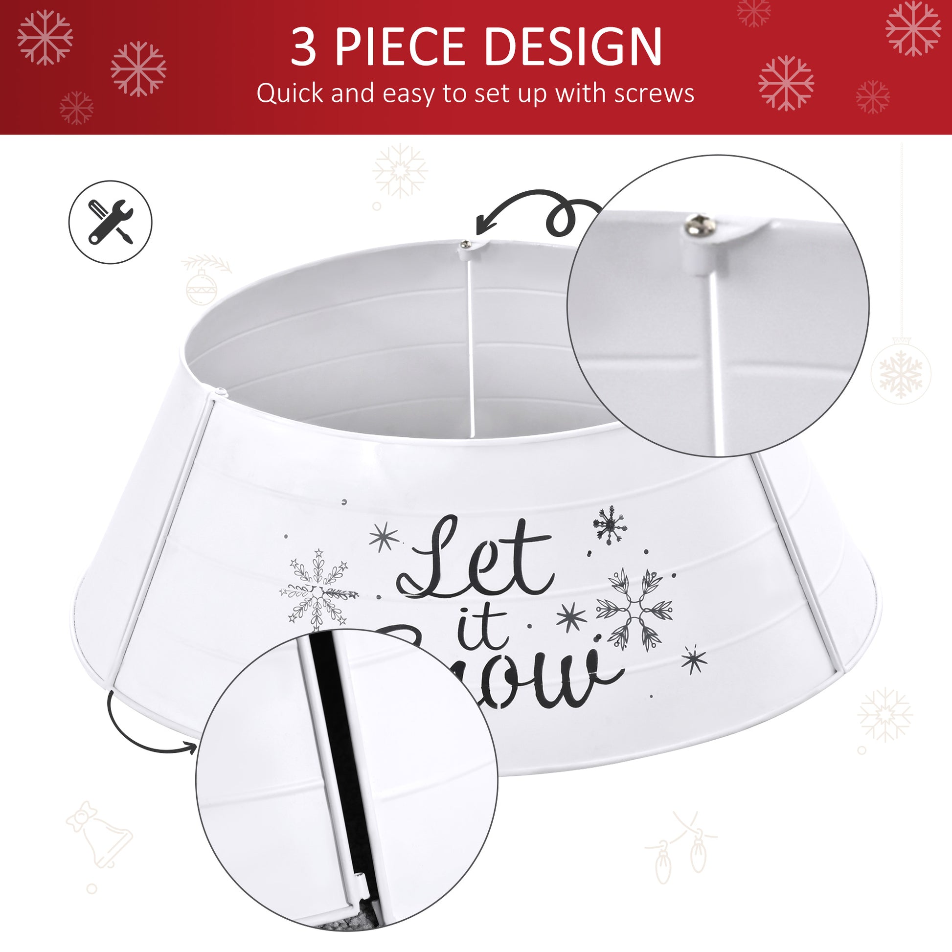 White metal tree collar with Let it Snow text and snowflakes