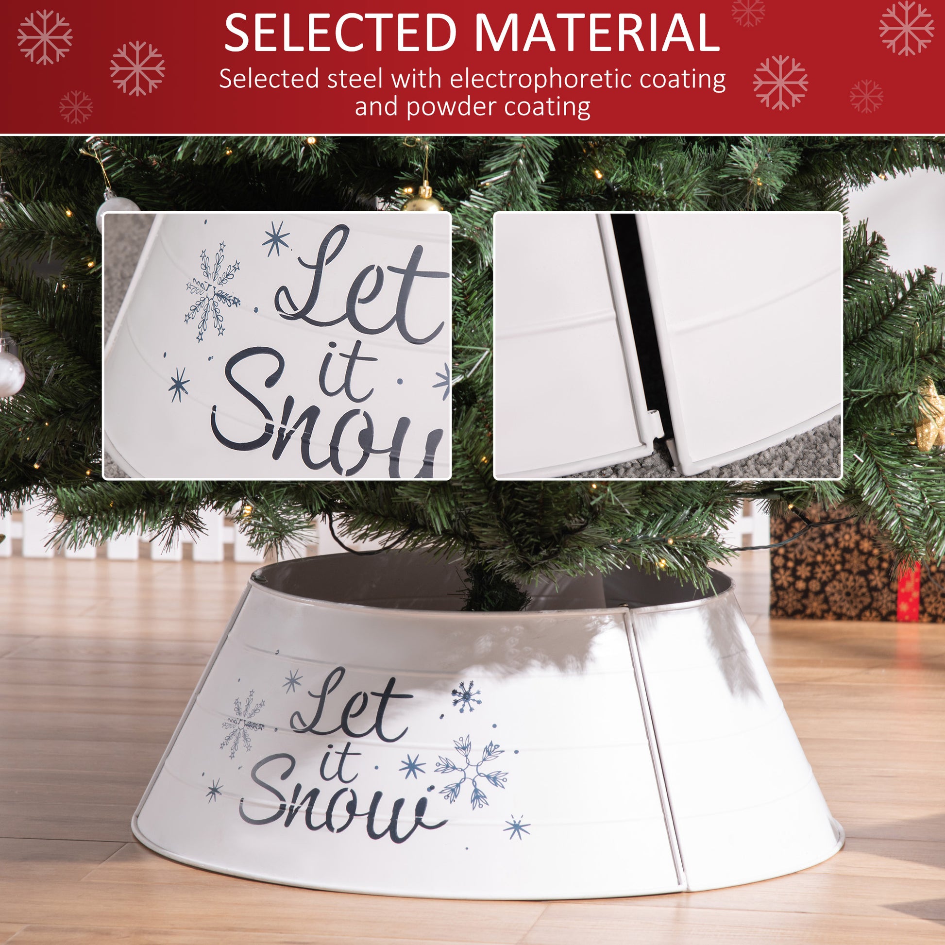 White metal tree collar with blue Let it Snow graphic and snowflake accents